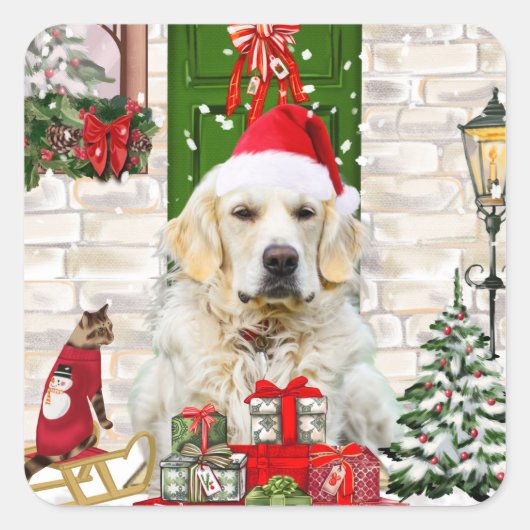 Golden Retriever Dog Weihnachten Quadratischer Aufkleber (Vorderseite)