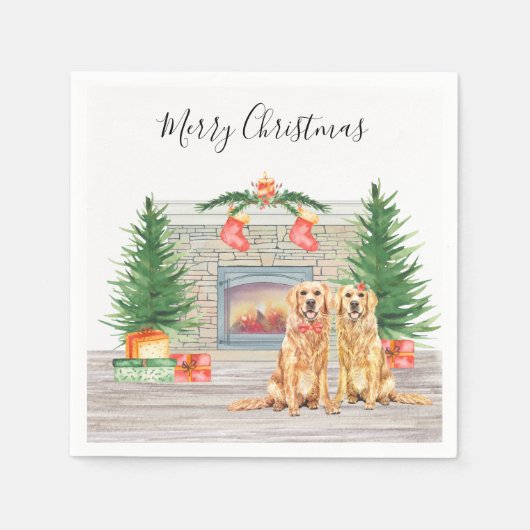 Golden Retriever Dog Weihnachtsfeiertag Feuerplatz Serviette (Vorderseite)