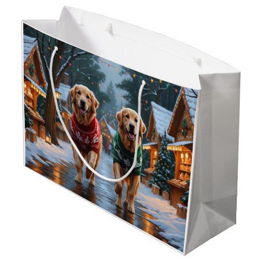 Golden Retriever Dogs Christmas Snow Holiday Große Geschenktüte (Rückseite Schrägansicht)