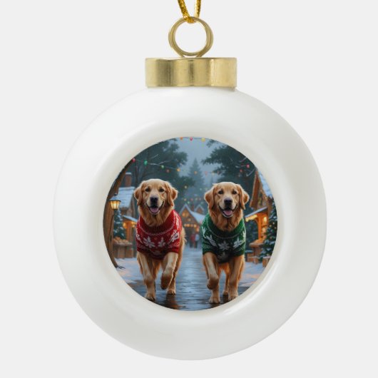 Golden Retriever Dogs Christmas Snow Holiday Keramik Kugel-Ornament (Vorderseite)