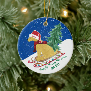 Golden Retriever fährt auf Weihnachtsbaum-Schlitte Keramik Ornament