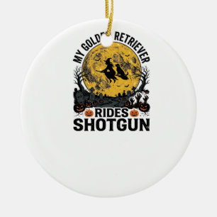 Golden Retriever fährt mit Shotgun Halloween Hexen Keramik Ornament