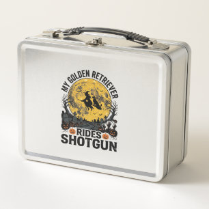 Golden Retriever fährt mit Shotgun Halloween Hexen Metall Brotdose
