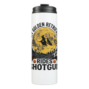 Golden Retriever fährt mit Shotgun Halloween Hexen Thermosbecher