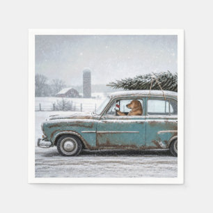 Golden Retriever fährt Retro-Auto mit Tannenbaum Serviette