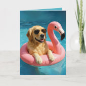 Golden Retriever Floating mit einem Flamingo Gebur Karte (Vorderseite)