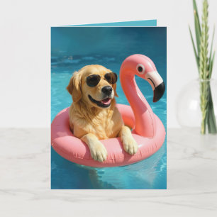 Golden Retriever Floating mit einem Flamingo Gebur Karte