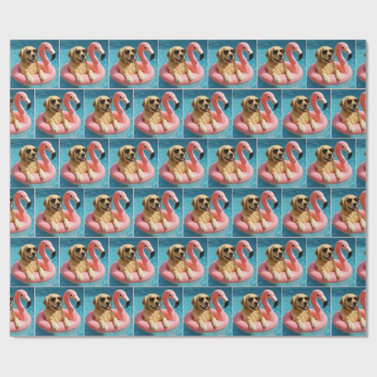 Golden Retriever Floating On a Flamingo Pool Toy Geschenkpapier (Flach)