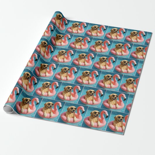 Golden Retriever Floating On a Flamingo Pool Toy Geschenkpapier (Ungerollt)