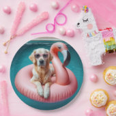 Golden Retriever Floating On a Flamingo Pool Toy Pappteller (Party)