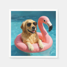 Golden Retriever Floating On a Flamingo Pool Toy Serviette
