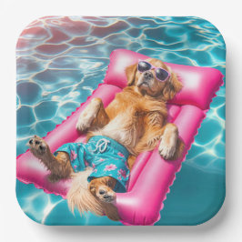 Golden Retriever Floating on Pool Matratze Pappteller