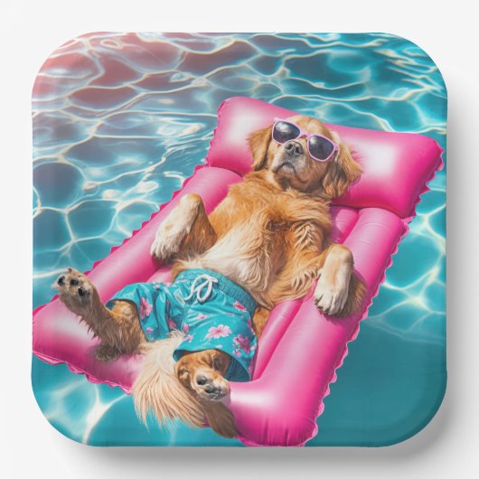 Golden Retriever Floating on Pool Matratze Pappteller (Vorderseite)
