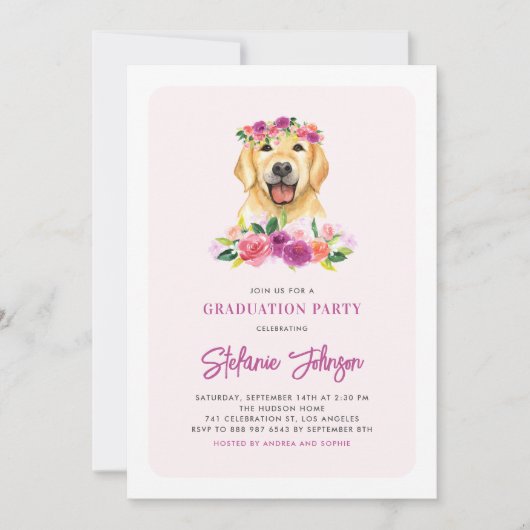 Golden Retriever Floral Abschluss Einladung (Vorderseite)