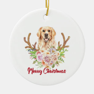 Golden Retriever Floral Frohe Weihnachten Keramik Ornament