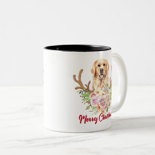 Golden Retriever Floral Frohe Weihnachten Zweifarbige Tasse (VorderseiteRechts)