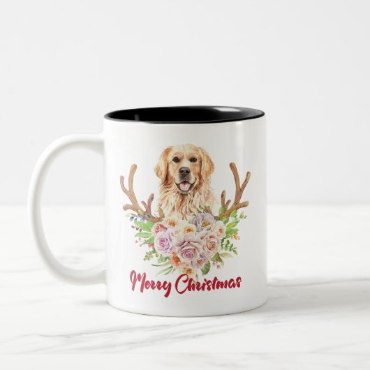 Golden Retriever Floral Frohe Weihnachten Zweifarbige Tasse (Links)