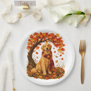 Golden Retriever Gemütlicher Herbst Thanksgiving Pappteller
