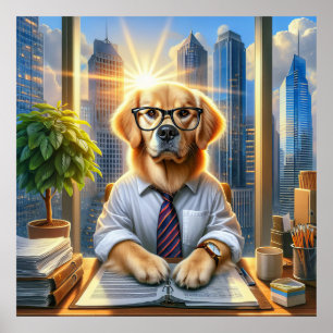 Golden Retriever Geschäftsmann im Büro Poster