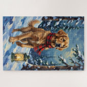 Golden Retriever Guiding Light in Snowy Forest Puzzle (Horizontal)