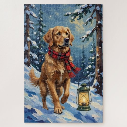 Golden Retriever Guiding Light in Snowy Forest Puzzle (Vertikal)