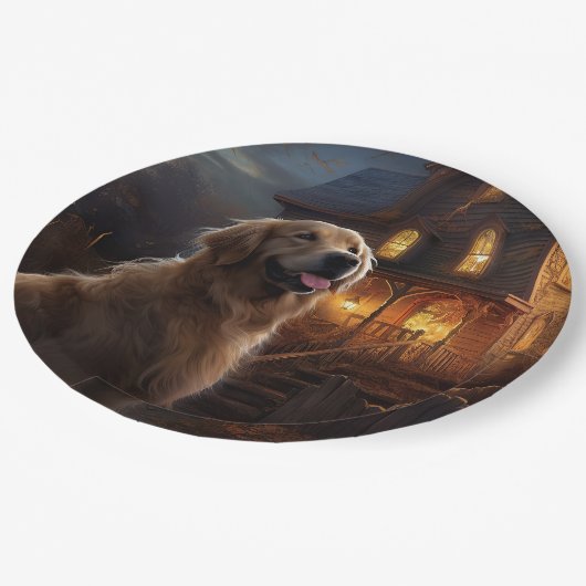 Golden Retriever Halloween Beängstigend Pappteller (Schrägansicht)