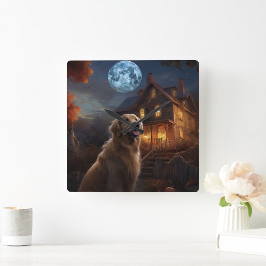 Golden Retriever Halloween Beängstigend Quadratische Wanduhr (Zuhause)