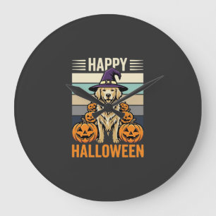 Golden Retriever Halloween Vintage-Kürbis-Design Große Wanduhr