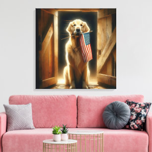 Golden Retriever hält eine amerikanische Flagge Leinwanddruck