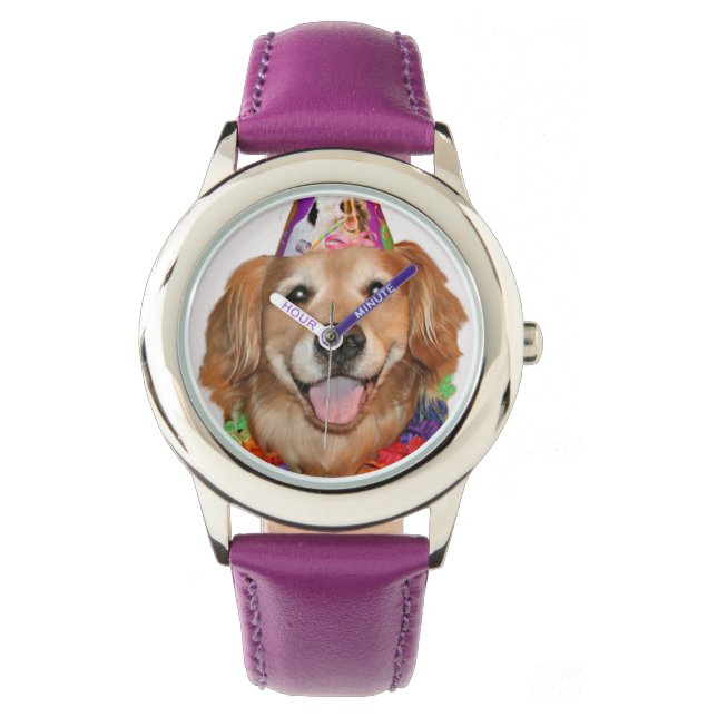 Golden Retriever Happy Birthday Armbanduhr (Vorderseite)