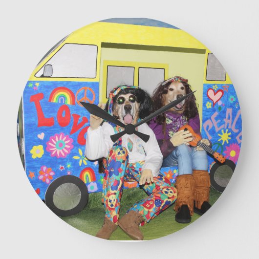 Golden Retriever Hippie Bus Große Wanduhr (Vorderseite)