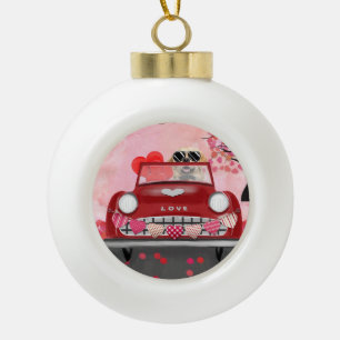 Golden Retriever Hund Auto mit Herzen Valentinstag Keramik Kugel-Ornament