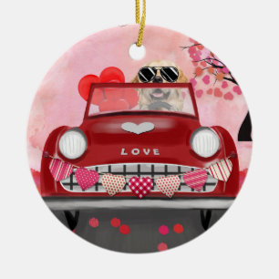 Golden Retriever Hund Auto mit Herzen Valentinstag Keramik Ornament