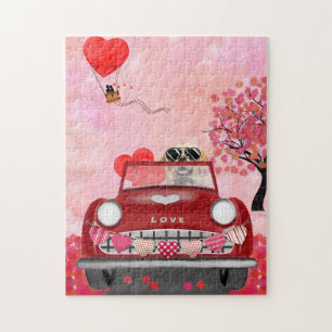 Golden Retriever Hund Auto mit Herzen Valentinstag Puzzle