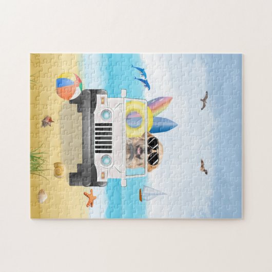 Golden Retriever Hund Autofahren am Strand Puzzle (Horizontal)