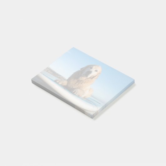 Golden retriever-Hund, der auf ein Paddel-Brett Post-it Klebezettel (angewinkelt)