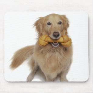 Golden retriever-Hund, der Knochen im Mund hält Mousepad