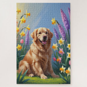 Golden-Retriever-Hund-Frühlingsblumen-Gemälde Puzzle