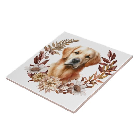 Golden Retriever Hund Herbstkranz Fliese (Seite)