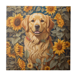 Golden Retriever Hund im Sonnenblumenfeld Fliese
