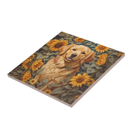 Golden Retriever Hund im Sonnenblumenfeld Fliese (Seite)