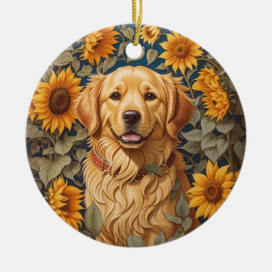 Golden Retriever Hund im Sonnenblumenfeld Keramik Ornament (Vorne)
