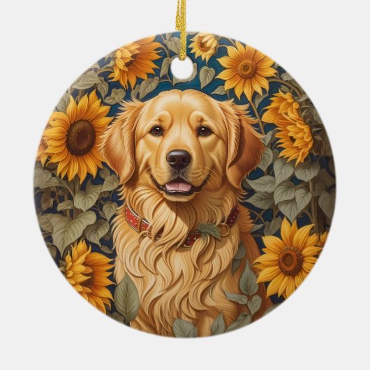 Golden Retriever Hund im Sonnenblumenfeld Keramik Ornament (Hinten)