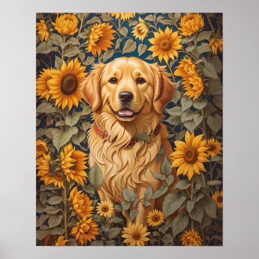 Golden Retriever Hund im Sonnenblumenfeld Poster (Vorne)