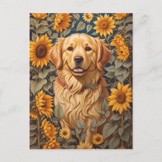 Golden Retriever Hund im Sonnenblumenfeld Postkarte (Vorderseite)