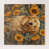 Golden Retriever Hund im Sonnenblumenfeld Puzzle (Horizontal)