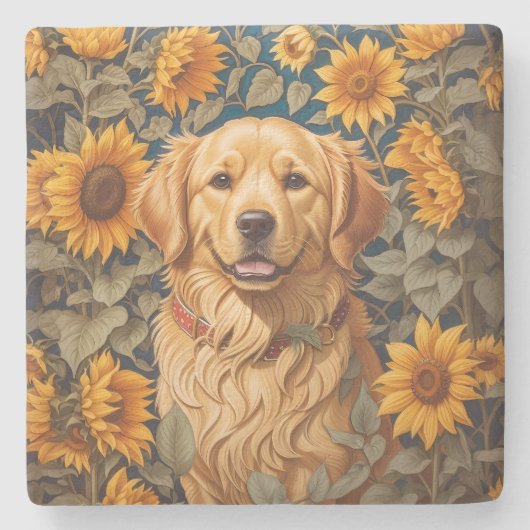 Golden Retriever Hund im Sonnenblumenfeld Steinuntersetzer (Vorderseite)
