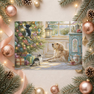 Golden Retriever Hund Kätzchen Weihnachtsbaum Feiertagskarte