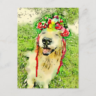 Golden Retriever Hund mit Blume Crown Watercolor Postkarte