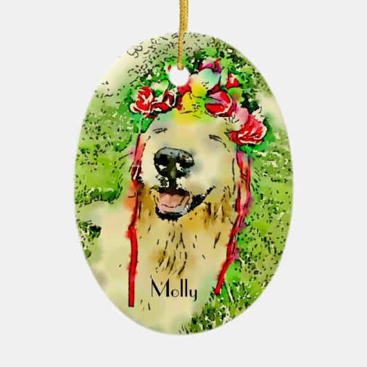 Golden Retriever Hund mit Blume Kronenwasser Farbe Keramikornament (Vorne)